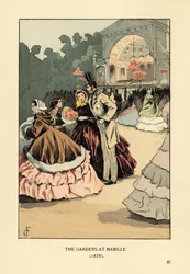 Fashionable people at the outdoor dance, Bal Mabille. Women in wide crinolines and fur capes, man in top hat, jacket and striped trousers. The evening dance at Jardin Mabille, Avenue Montaigne, was held from 1844 to 1875. The Gardens at Mabille