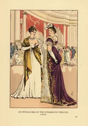 Fashionable Women in Ball Gowns and Turbans at a Theater. An Official Ball in the Strasbourg Theatre