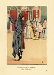 Gentleman Putting on Carrick Coat While Leaving a Fashionable Salon