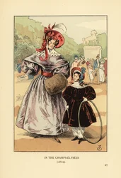 Woman and child with hoop playing in the park. In the Champs Elysees