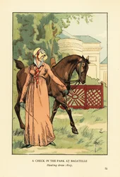 Woman in Hunting Dress, Bonnet and Kerchief Leading a Horse in the Parc de Bagatelle, Bois de Boulogne, Paris