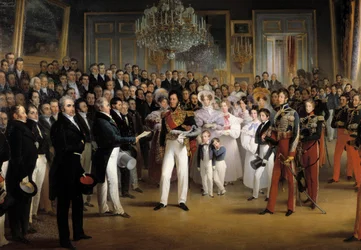 Revolution of 1830: The Chamber of Deputies presents to the Duke of Orleans, Louis Philippe I, the act that calls him to the throne and the Charter of 1830, at the Royal Palace, on 7/08/1830 (detail)