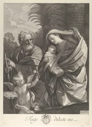 The Flight into Egypt, the Holy Family walking together, Saint Joseph pointing to t...
