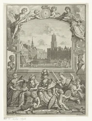 Cityscape with Dom Church in Utrecht and Allegory with Minerva and Virtues