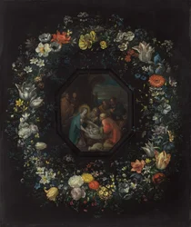 Garland of Flowers with Adoration of the Shepherds, c. 1625-1630