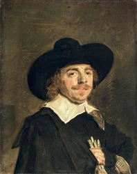 A Small Portrait of a Man Holding Gloves
