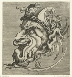 Mask in Profile with Two Horns of Strapwork and a Laurel Wreath