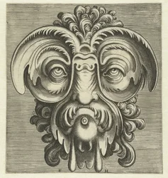 Mask with Dishes Around the Eyes and a Tuft of Curls on the Head (series title: Ingenious Portraiture of Various Types of Masks)