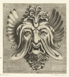 Mask with Sagging Cheeks, Two Pointed Lower Teeth, and a Tuft of Curls Resting on the Bridge of the Nose