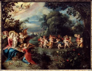 Madonna with the child in a landscape surrounded by musicians and dancing angels