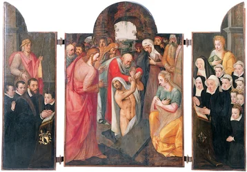 Triptych: The Raising of Lazarus on the Central Compartment with a Kneeling Male Donor, Presented by St. Jacob and His Sons on the Left Wing, His Wife Kneeling, Presented by St. Catharine and Her Daughters on the Right Wing