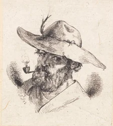 Head of a Bearded Man with a Wide-Brimmed Hat and Pipe