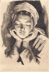 Young Woman with Cap, Facing Forward, Supporting Head in Hands. Bust