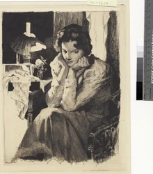 Young Girl by Her Lamp, Supporting Her Head with Both Hands