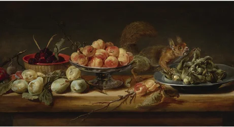 Still Life with Peaches in a Tazza, Hazelnuts on a Pewter Plate, Raspberries in a Basket, with Pears and a Squirrel on a Table