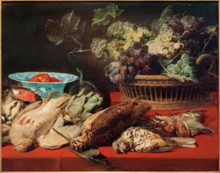 Still Life – Basket with Grapes, Birds, and Strawberries