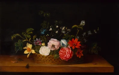 Flowers in a Basket with Insects on a Ledge