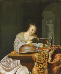 An interior with a woman reading music at a partially draped table with a double-head lute, 1671