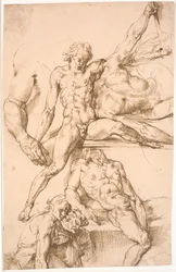 Sheet with studies: above two men wrestling and study of a right arm. Below: a reclining seated man, and two slightly leaning forward half-figure men