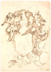 Heraldic Composition: Coat of Arms with Three Inverted Violins, Dog-Crowned Helmet, Surrounded by Two Figures and Two Violin-Playing Putti, All Resting on a Reclining Male Figure (Neptune?)