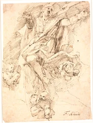 Woman, with outstretched arms, carried to heaven by four cherubs
