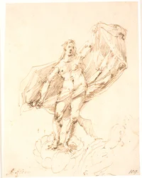 Woman Unfolding a Drapery Behind Her with a Grand Gesture. Sketch of Two Ignudi at the Bottom Right