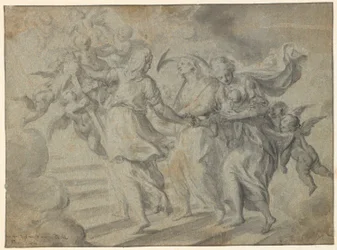 Religious Composition: Three Women Carrying a Child Up a Staircase, Towards a Group of Floating Angels with a Cross