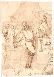Standing Man in 16th Century Costume, in a Room, Between Two Tables with Sculptures and a Clock, Coins, etc., and Seven or Eight Other People
