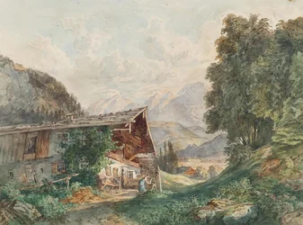 Alpine Landscape with Farmhouse and Woman at the Well