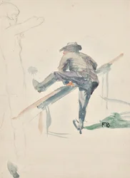 Man Climbing Over a Railing and Outlines of a Girl