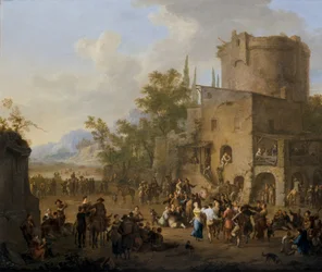 An Italian City View with Figures Dancing the Saltarello