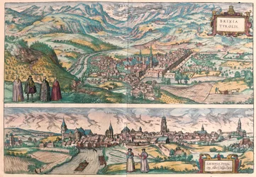 Brixen (Bressanone), Italy and Lauingen, Donau, Germany (engraving)