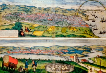 Map of Barcelona and Ecija from Civitates Orbis Terrarum by Georg Braun