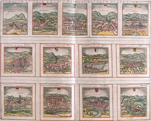 Views of the main cities of the Swiss Confederation: Schwytz, Zug, Glaris, Bale, Zurich, Bern, Lucerne, Uri, Fribourg, Solothurn, Schaffhausen