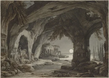 Ideal landscape with rock grotto, tombs and ruins in the moonlight, c. 1790