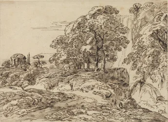 Pastoral Landscape with a Waterfall and a Temple