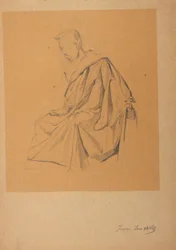 Figure Study of a Seated Man Draped in a Cloth, Facing Left