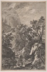 Two Male Figures Standing on a Rock with a Waterfall