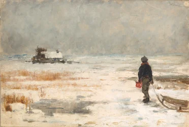 Boy with a Sled in a Winter Landscape