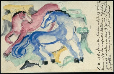 Red and Blue Horse, Franz Marc from Sindelsdorf to Wassily Kandinsky in Munich: Postcard, Postmark 05.04.1913