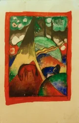 Red and Blue Horse in Landscape