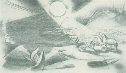 Primeval Landscape with Sun, Mountains, a Group of Horses