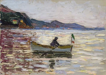 View on Rapallo with boat on the sea