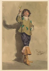 Man in Louis XIII Attire, Standing Full-Length, Three-Quarters to the Right, Raising a Glass of Wine