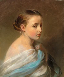 Portrait of a Girl, Head and Shoulders, Draped in a Blue and White Wrap