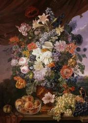 Fruits and Flowers on a Ledge with Landscape
