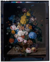 Roses, Irises, Carnations, Tulips and Other Flowers in a Bronze Urn