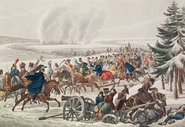 The French Army Retreat over the River Berezina, 26th November 1812, engraved by J.A. Klein