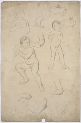 Studies of Child Nudes and Heads, 2 Hares