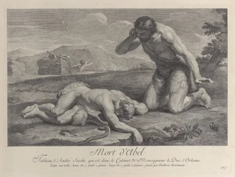 Adam kneels in grief beside the body of Abel, while Cain flees in the background